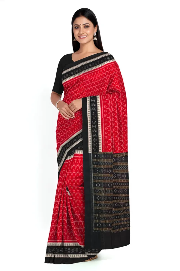 Red_Cotton_Handloom_Double_Temple_Border_Bandha_Saree_For_Women
