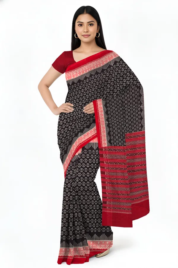 Dark_Coffee_Cotton_Border_Bandha_Saree_For_Women