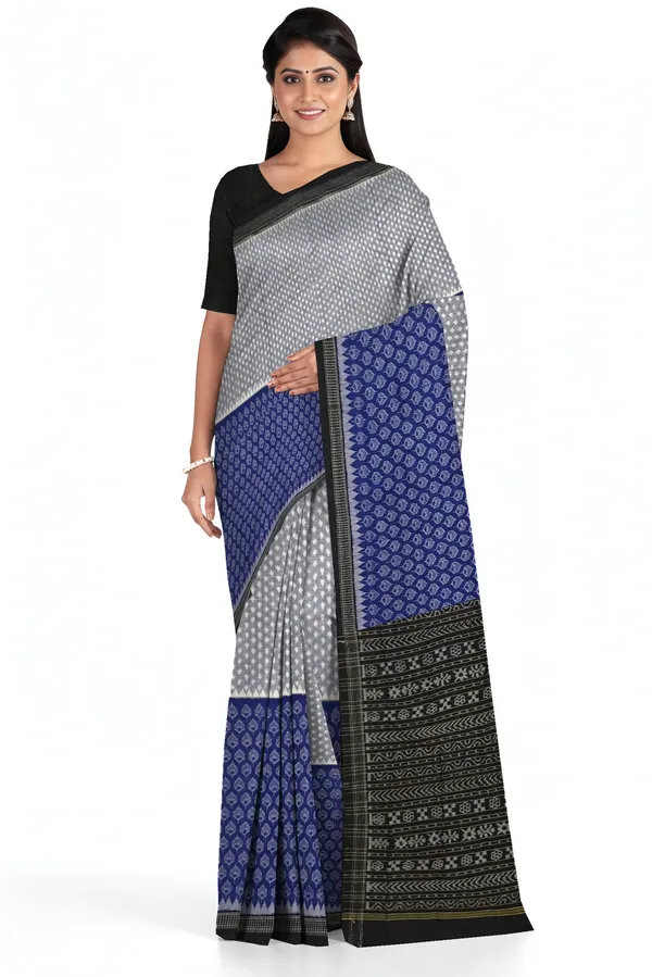 White_Blue_Cotton_Half_Half_Body_Bandha_Saree_For_Women