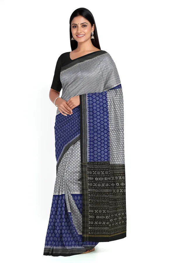 White_Blue_Cotton_Half_Half_Body_Bandha_Saree_For_Women