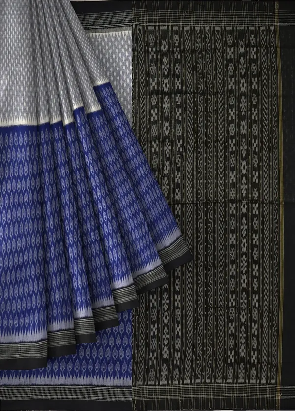 White_Blue_Cotton_Half_Half_Body_Bandha_Saree_For_Women