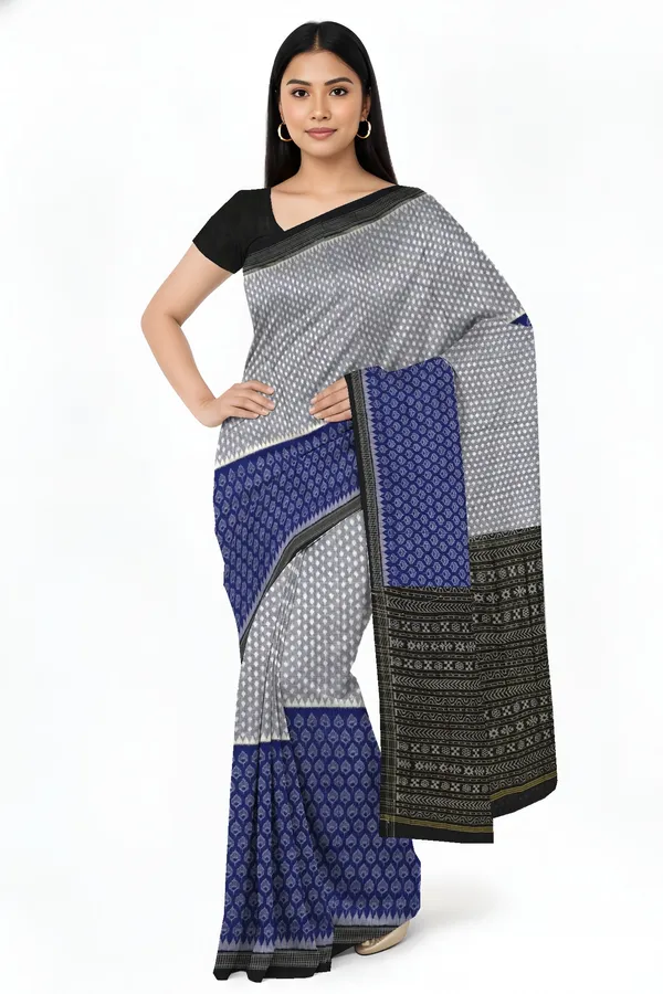 White_Blue_Cotton_Half_Half_Body_Bandha_Saree_For_Women