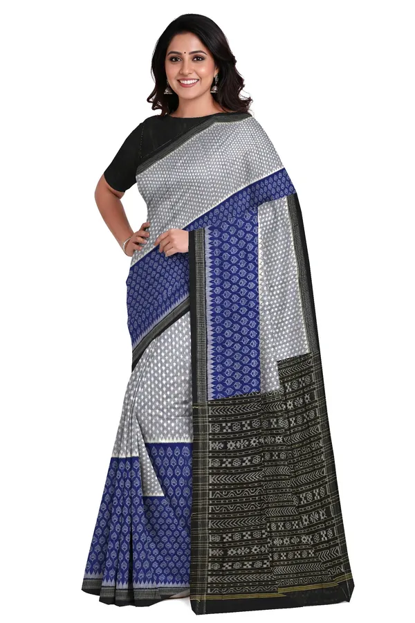 White_Blue_Cotton_Half_Half_Body_Bandha_Saree_For_Women