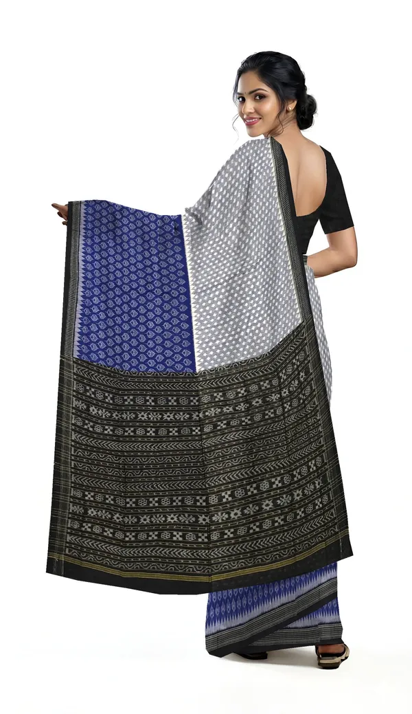 White_Blue_Cotton_Half_Half_Body_Bandha_Saree_For_Women
