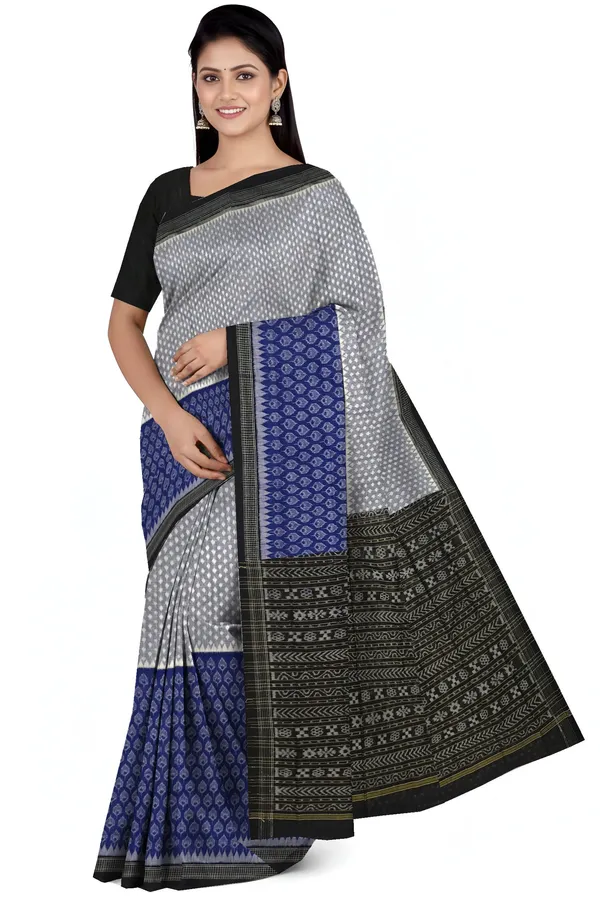 White_Blue_Cotton_Half_Half_Body_Bandha_Saree_For_Women