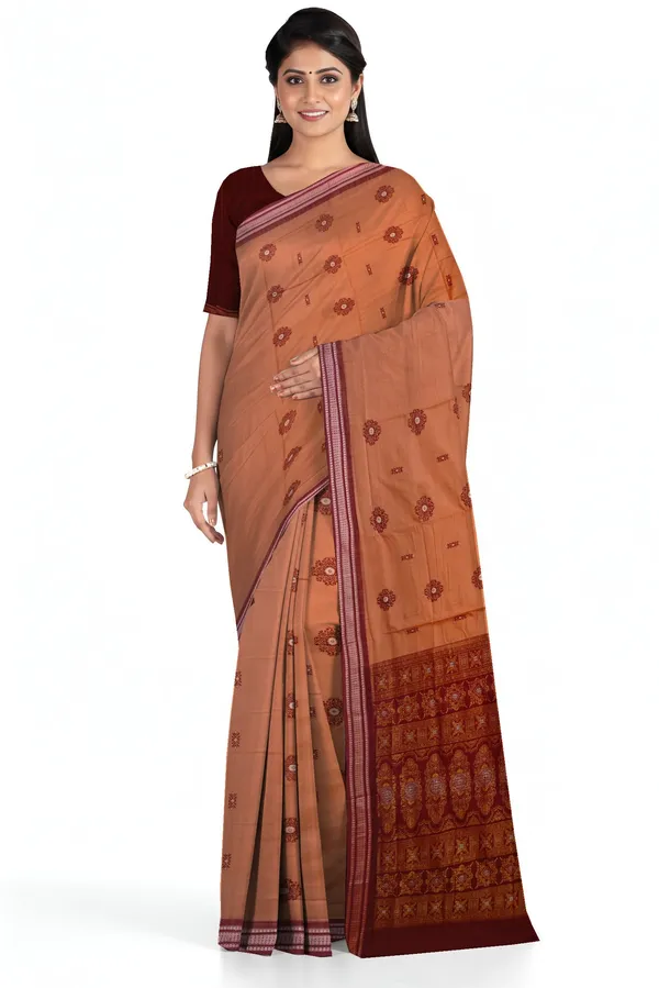 Deep_Coral_Cotton_Bomkai_Sambalapuri_Saree_For_Women
