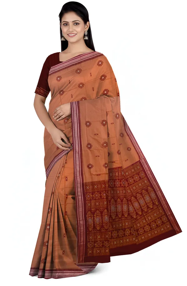 Deep_Coral_Cotton_Bomkai_Sambalapuri_Saree_For_Women