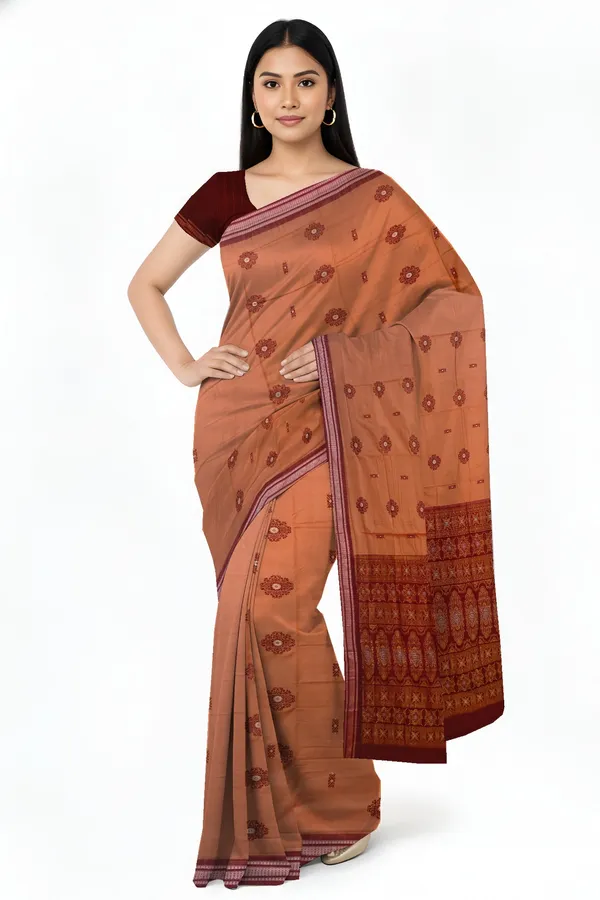 Deep_Coral_Cotton_Bomkai_Sambalapuri_Saree_For_Women