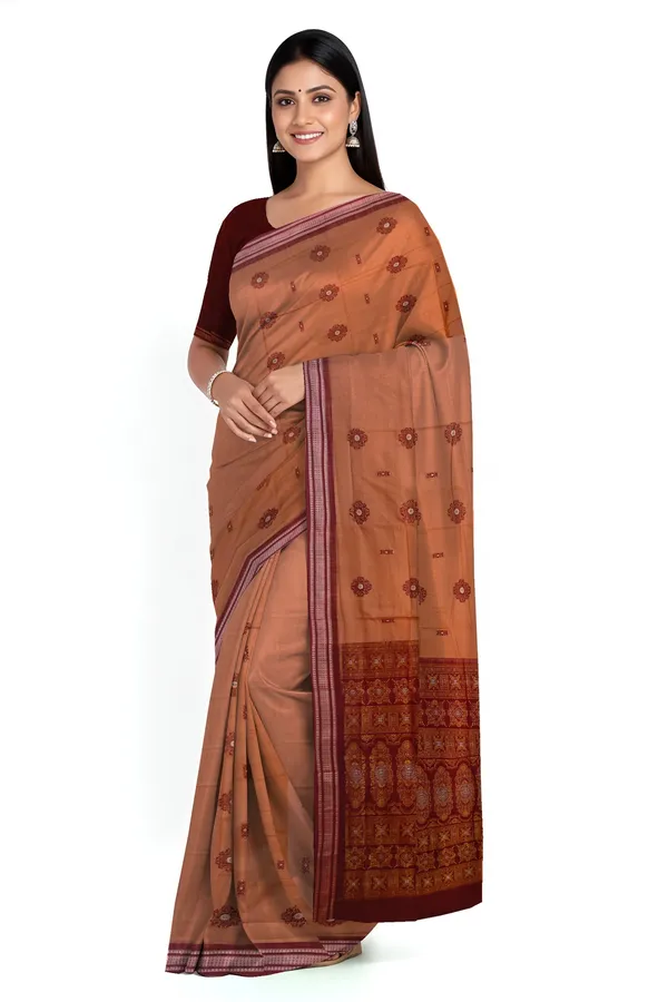 Deep_Coral_Cotton_Bomkai_Sambalapuri_Saree_For_Women