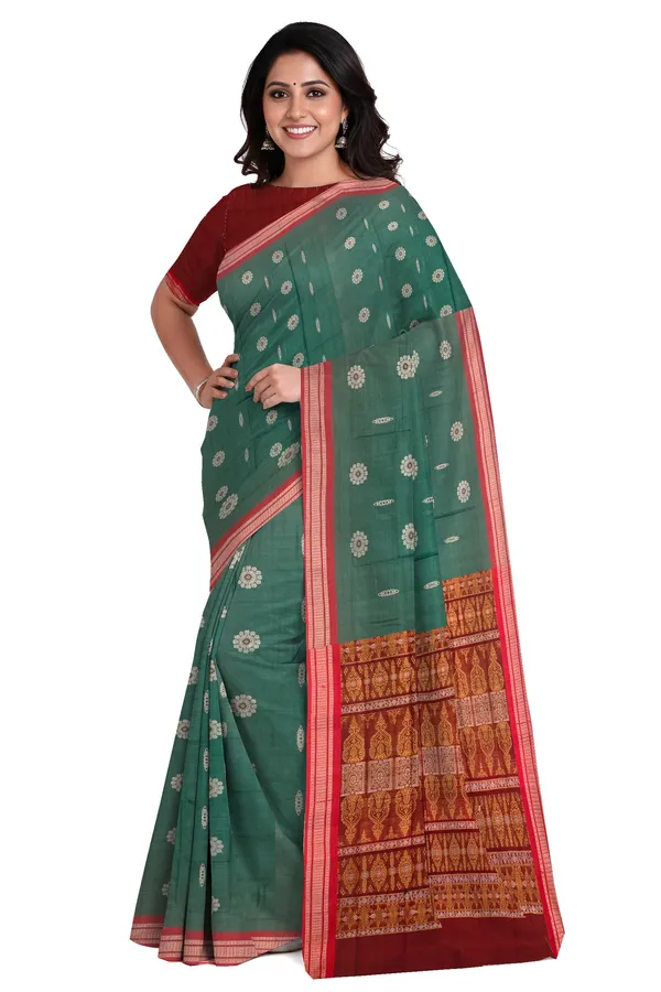Teal_Green_Cotton_Handloom_Bomkai_Sambalapuri_Saree_For_Women