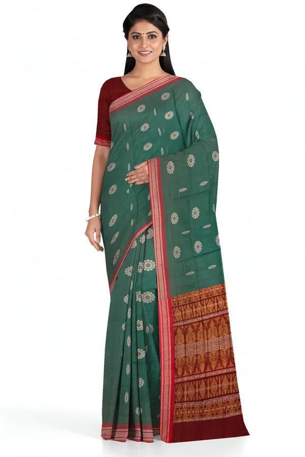 Teal_Green_Cotton_Handloom_Bomkai_Sambalapuri_Saree_For_Women