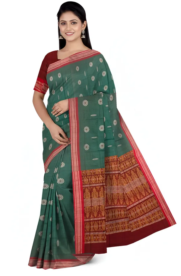 Teal_Green_Cotton_Handloom_Bomkai_Sambalapuri_Saree_For_Women
