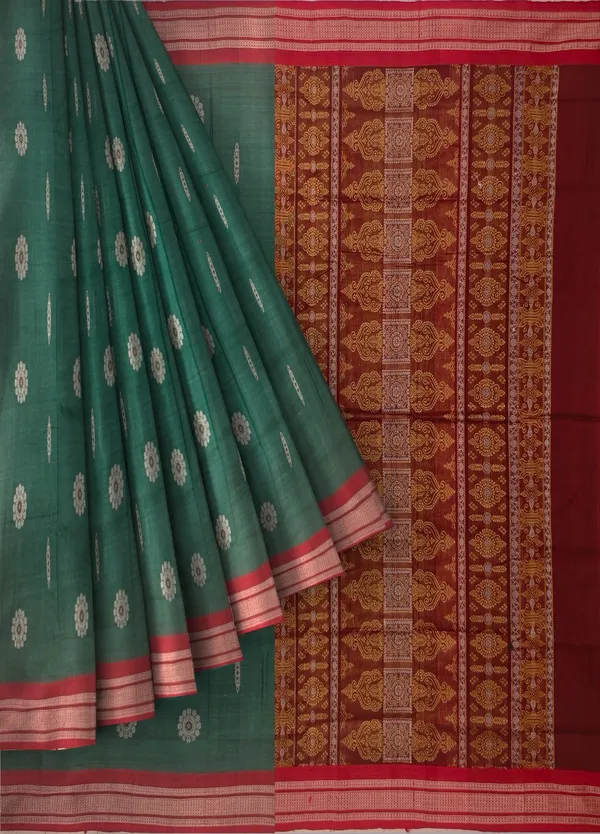 Teal_Green_Cotton_Handloom_Bomkai_Sambalapuri_Saree_For_Women