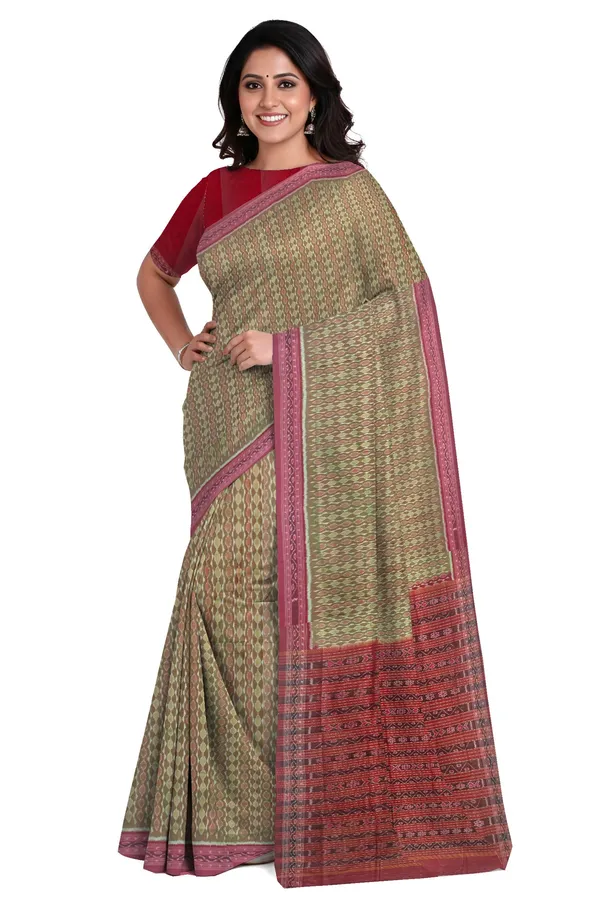 Reddish_Green_Cotton_Handloom_Body_Bandha_Saree_For_Women