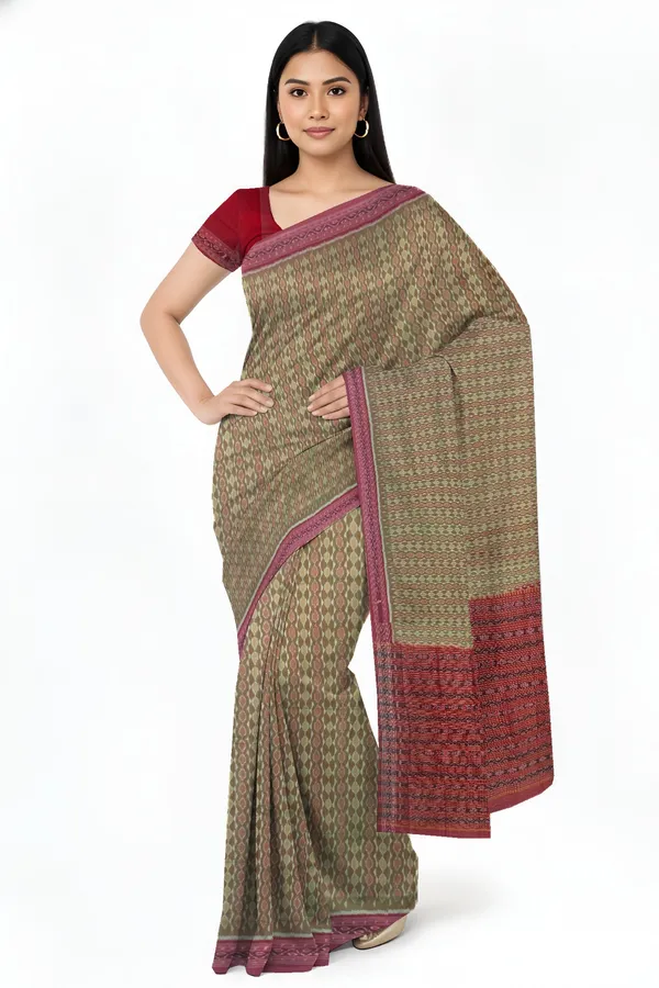 Reddish_Green_Cotton_Handloom_Body_Bandha_Saree_For_Women