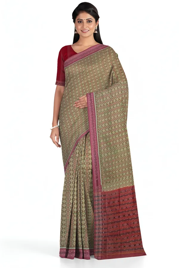 Reddish_Green_Cotton_Handloom_Body_Bandha_Saree_For_Women