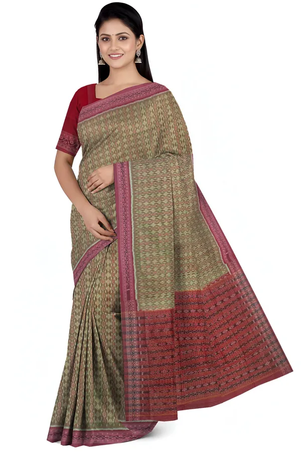 Reddish_Green_Cotton_Handloom_Body_Bandha_Saree_For_Women