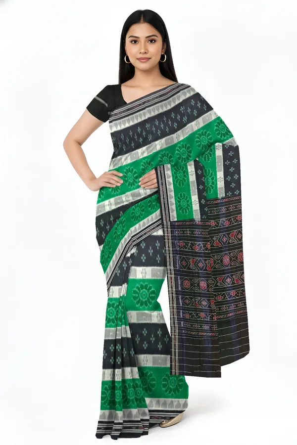 Black_Green_White_Cotton_Mania_Bandha_Katiki_Saree_For_Women