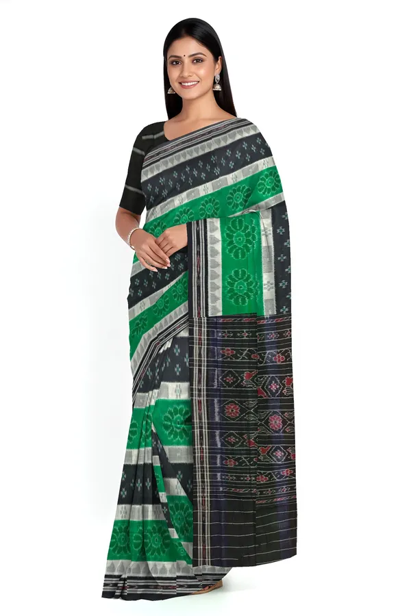 Black_Green_White_Cotton_Mania_Bandha_Katiki_Saree_For_Women