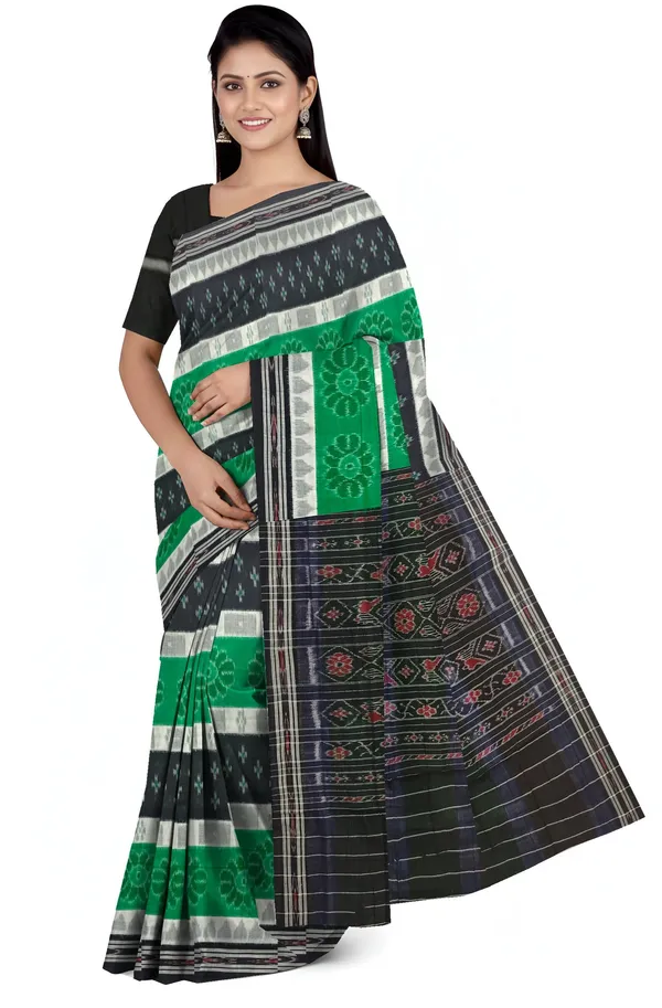 Black_Green_White_Cotton_Mania_Bandha_Katiki_Saree_For_Women