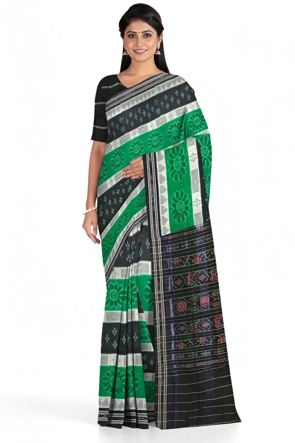Black_Green_White_Cotton_Mania_Bandha_Katiki_Saree_For_Women