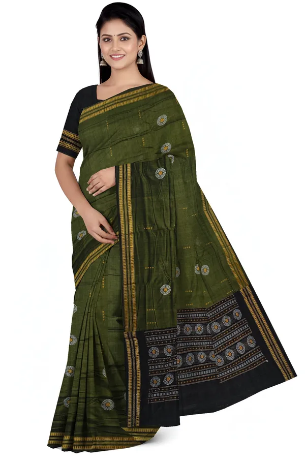 Olive_Green_Cotton_Bomkai_Butti_Sambalapuri_Saree_For_Women