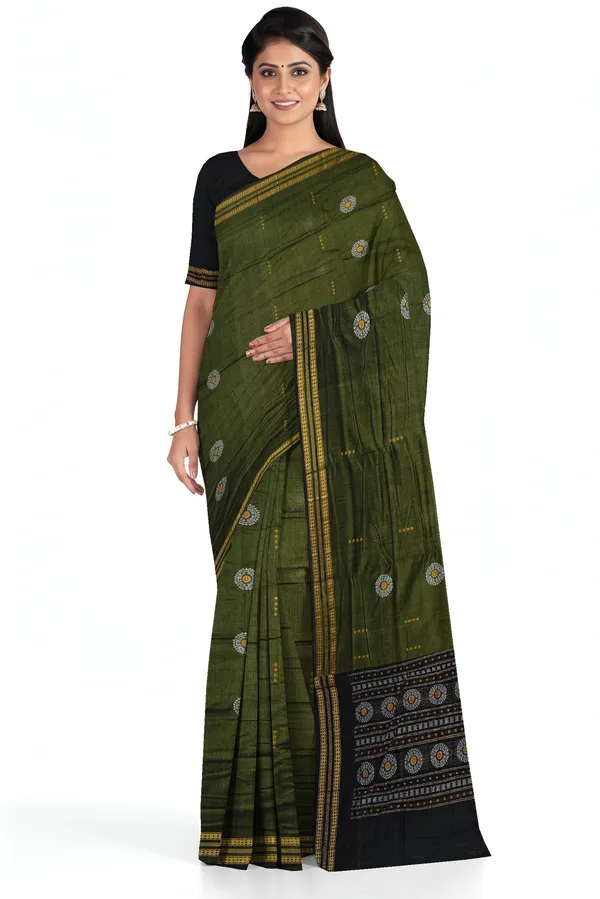 Olive_Green_Cotton_Bomkai_Butti_Sambalapuri_Saree_For_Women