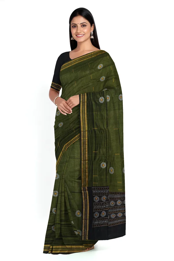 Olive_Green_Cotton_Bomkai_Butti_Sambalapuri_Saree_For_Women