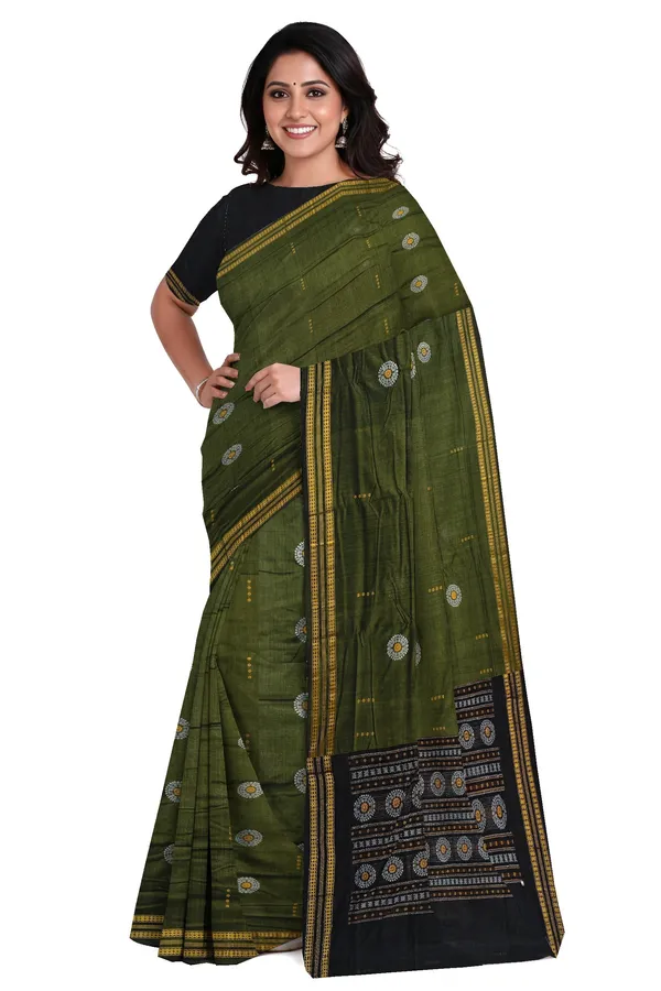 Olive_Green_Cotton_Bomkai_Butti_Sambalapuri_Saree_For_Women