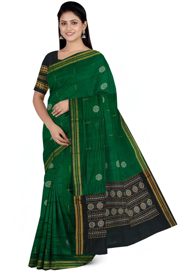 Green_Cotton_Bomkai_Butti_Sambalapuri_Saree_For_Women
