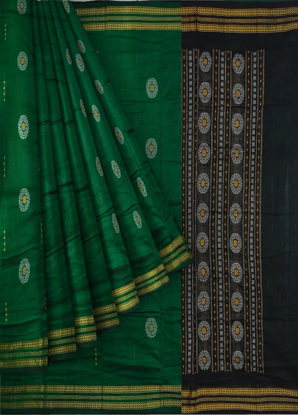 Green_Cotton_Bomkai_Butti_Sambalapuri_Saree_For_Women