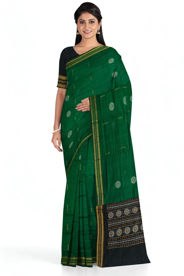 Green_Cotton_Bomkai_Butti_Sambalapuri_Saree_For_Women