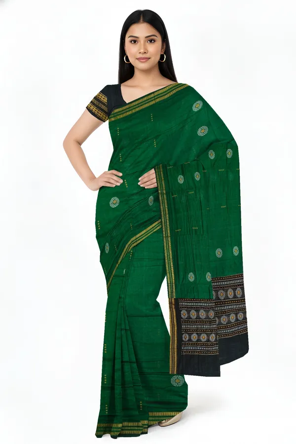 Green_Cotton_Bomkai_Butti_Sambalapuri_Saree_For_Women