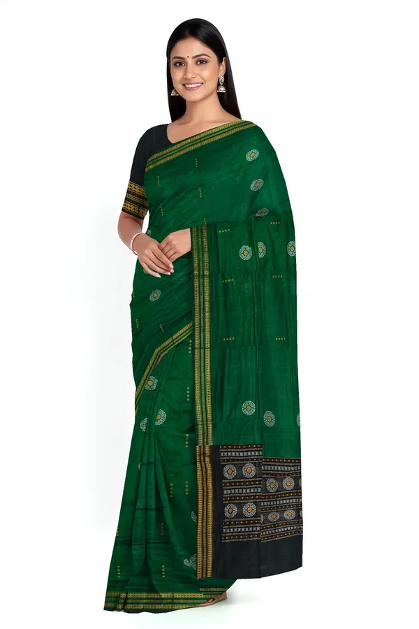 Green_Cotton_Bomkai_Butti_Sambalapuri_Saree_For_Women