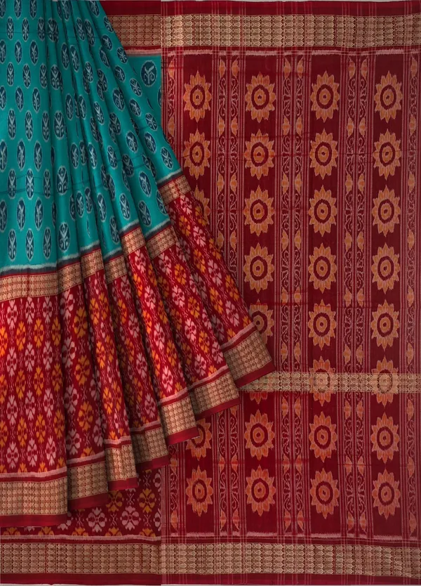 Teal_Green_Cotton_Half_Half_Body_Bandha_Handloom_Saree_For_Women
