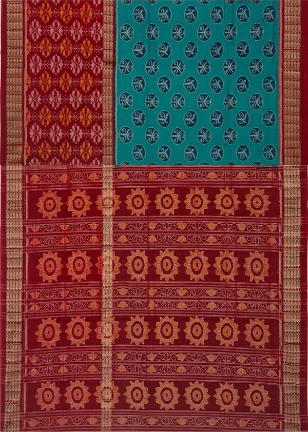 Teal_Green_Cotton_Half_Half_Body_Bandha_Handloom_Saree_For_Women