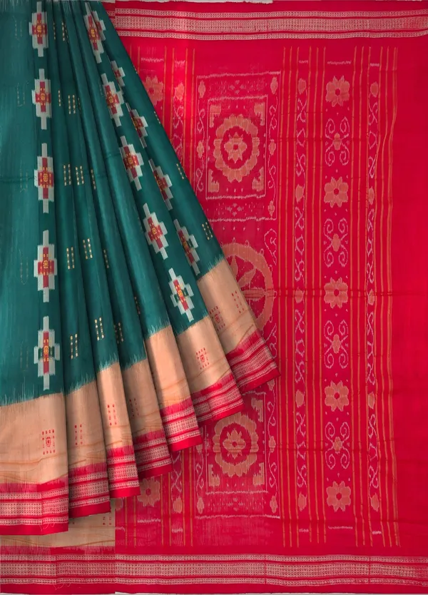 Deep_Green_Cotton_Bandha_Bomkai_Handloom_Saree_For_Women