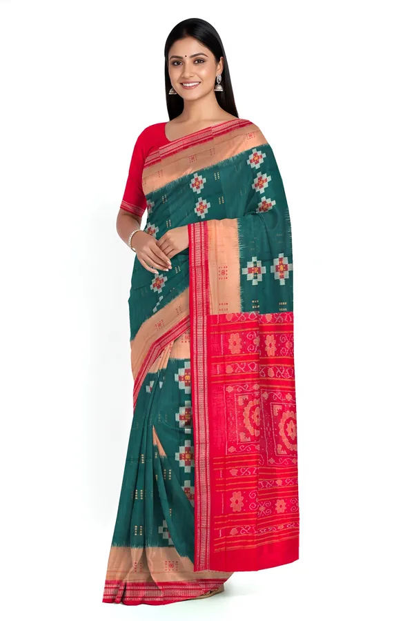 Deep_Green_Cotton_Bandha_Bomkai_Handloom_Saree_For_Women