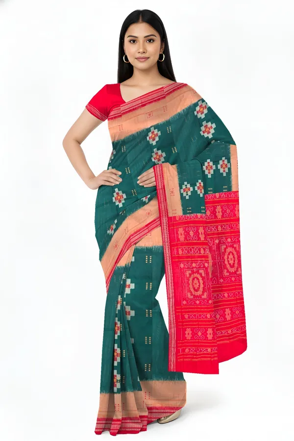 Deep_Green_Cotton_Bandha_Bomkai_Handloom_Saree_For_Women