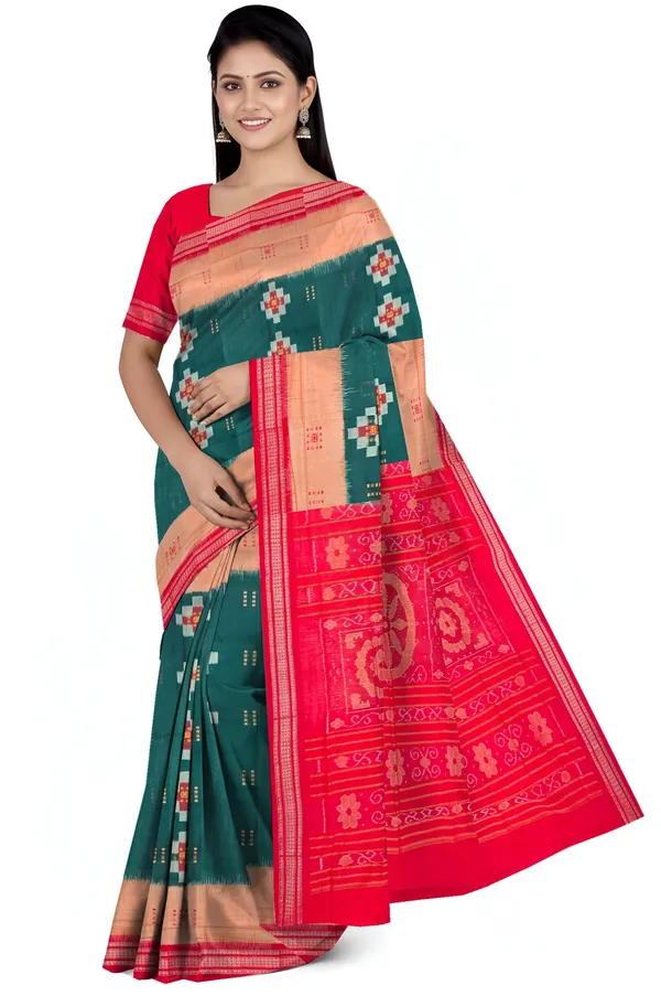Deep_Green_Cotton_Bandha_Bomkai_Handloom_Saree_For_Women