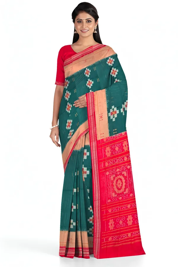 Deep_Green_Cotton_Bandha_Bomkai_Handloom_Saree_For_Women