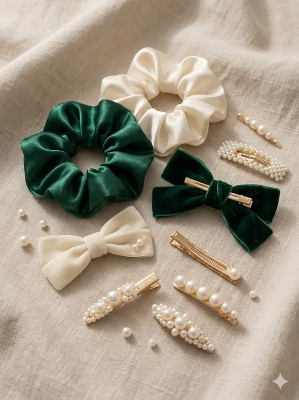 Green_And_White_Satin_Hair_Accessories_Set_for_Women