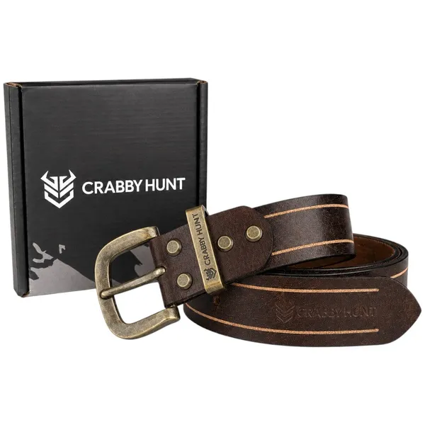 Crabby_Hunt_Vintage_Brown_Leather_Belt_With_Beige_Stripe_Antique_Brass_Buckle