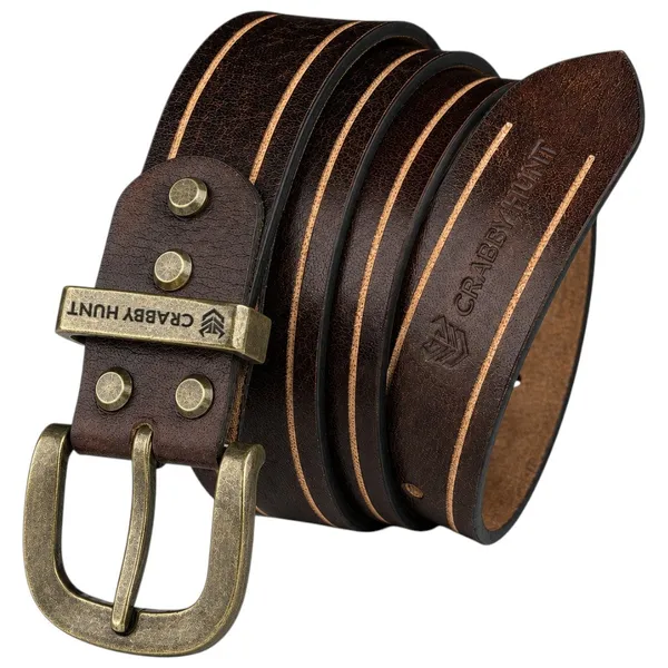 Crabby_Hunt_Vintage_Brown_Leather_Belt_With_Beige_Stripe_Antique_Brass_Buckle