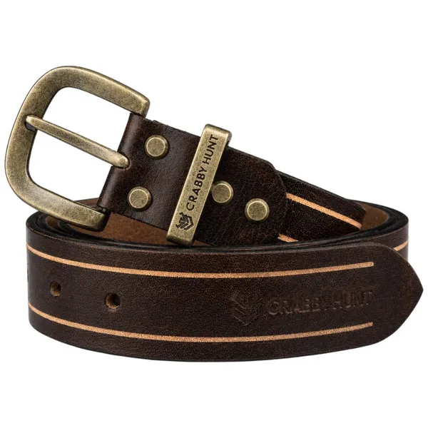 Crabby_Hunt_Vintage_Brown_Leather_Belt_With_Beige_Stripe_Antique_Brass_Buckle