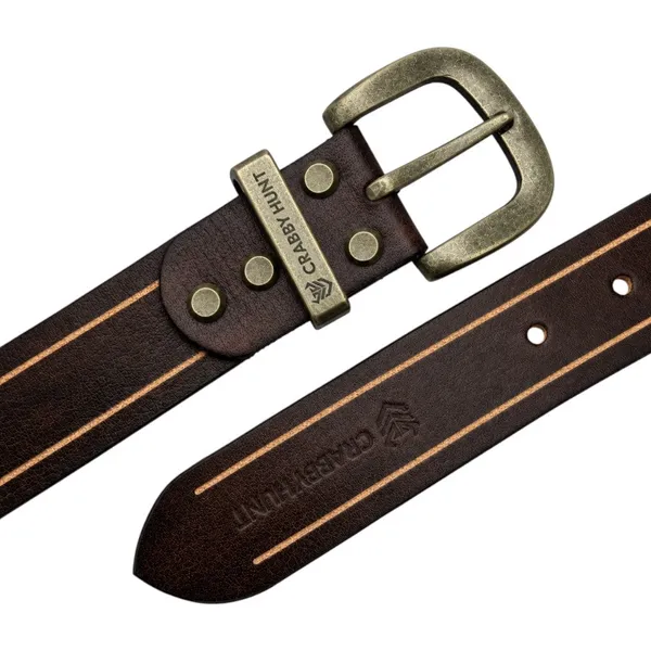 Crabby_Hunt_Vintage_Brown_Leather_Belt_With_Beige_Stripe_Antique_Brass_Buckle