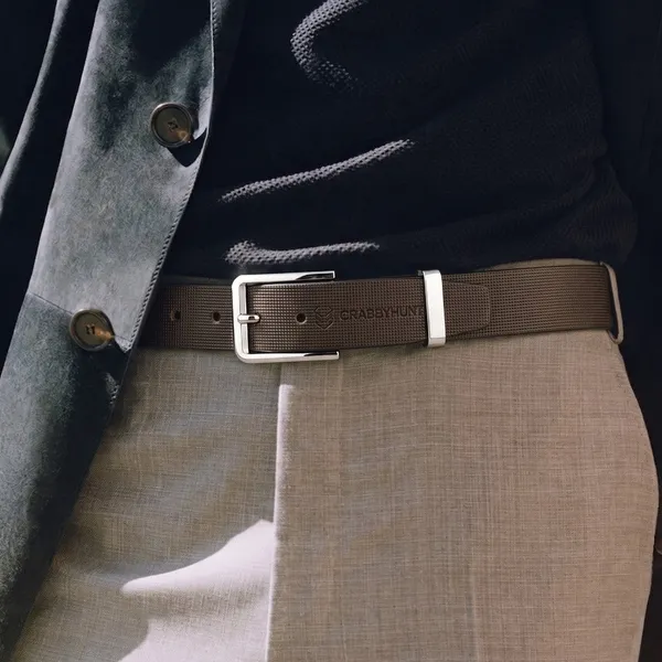 Carbby_Hunt_Men_S_Genuine_Leather_Belt_Brown_Square_Grid_Texture_With_Silver_Buckle_Formal_Casual_Wear