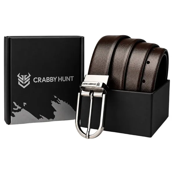 Crabby_Hunt_Reversible_Genuine_Leather_Belt_For_Men_Honey_Black_Silver_Round_Buckle_Formal_Casual_Belt