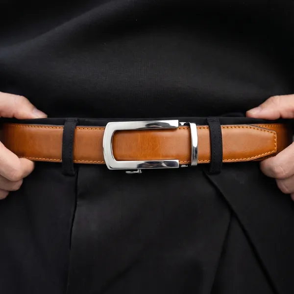 Tan_Tiger_Genuine_Leather_Auto_Lock_Belt_Silver_Buckle_Crabby_Hunt
