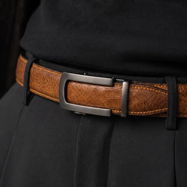 Crabby_Hunt_Men_S_Genuine_Leather_Auto_Lock_Belt_Python_Texture_Brown_Grey_Ratchet_Buckle_35mm_Formal_Belt